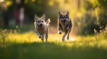 A dynamic shot of two cute dogs chasing each other in a grassy field, with their tails wagging and a sense of fun and energy captured in the moment.の素材