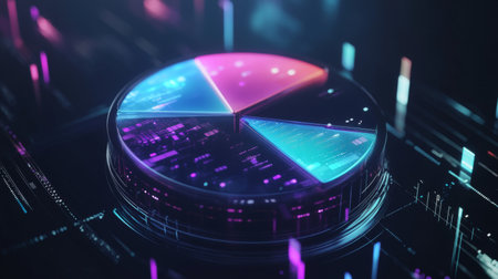 A digital 3D pie chart with transparent segments floating in space, highlighting the distribution of data in a sleek, modern style.の素材