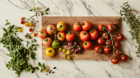 A flat lay of a variety of tomatoes, including cherry, grape, and heirloom, arranged artfully on a kitchen countertop with herbs and a cutting board.の素材