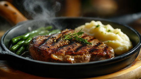 A dynamic shot of a sizzling pork steak being served on a hot skillet, with steam rising and a side of mashed potatoes and green beans.の素材