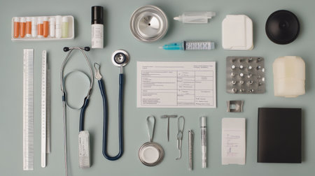 A flat lay of veterinary tools and supplies on a clean examination table, including a stethoscope, thermometer, and medical charts, showcasing readiness for patient care.の素材
