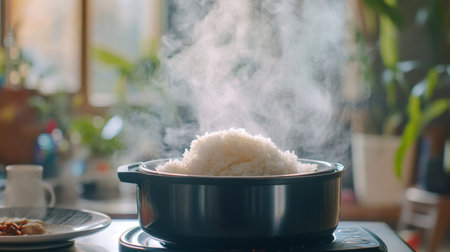 A dynamic shot of a rice cooker with a bowl of rice being lifted out, with steam rising and a portion of rice being served onto a plate.の素材