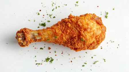A dynamic shot of a fried chicken drumstick with a crispy, textured coating, placed on a white surface with a sprinkle of herbs for added visual appeal.の素材
