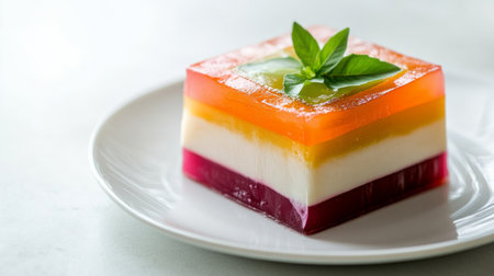 A high-resolution image of a traditional Thai dessert, such as khanom chan (layered coconut jelly), with its colorful layers clearly visible against a white backdrop.の素材