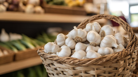 A high-resolution image of garlic bulbs placed in a woven basket, with a backdrop of a kitchen or dining area, highlighting their natural and earthy appearance.の素材