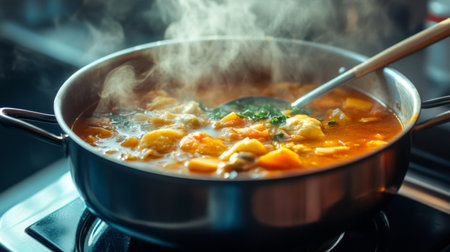 A large soup pot filled with a hearty stew, simmering on a stovetop, with steam rising and ladle resting on the side, creating a cozy, home-cooked vibe.の素材