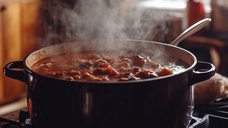 A large soup pot filled with a hearty stew, simmering on a stovetop, with steam rising and ladle resting on the side, creating a cozy, home-cooked vibe.の素材