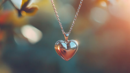 A heart-shaped pendant hanging from a delicate chain, captured in close-up against a soft-focus background. The shine and detail of the pendant are clearly visible.の素材