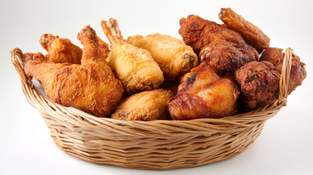 A high-resolution image of a basket of assorted fried chicken pieces, including wings and thighs, on a white background, showcasing the variety and golden-brown color.の素材