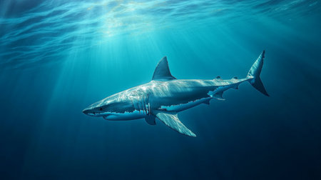 A majestic great white shark swimming effortlessly through clear, blue water, with its streamlined body and powerful tail visible in the underwater scene.の素材