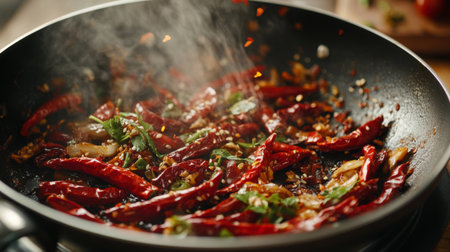 A sizzling stir-fry in a pan with red chili peppers, garlic, and herbs, capturing the aroma and heat of a freshly prepared, spicy dish.の素材