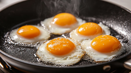 A non-stick frying pan with eggs frying perfectly in the center, with the golden yolks standing out against the black pan surface.の素材