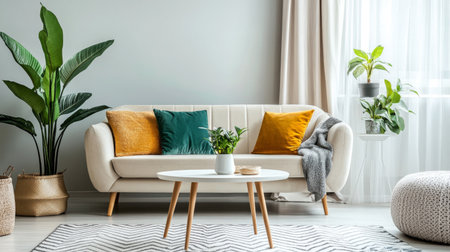 A high-resolution image of a modern living room with a stylish sofa, a coffee table, and decorative plants, arranged neatly and set against a well-lit backdrop.の素材