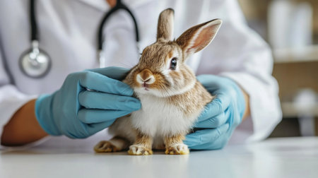 A high-resolution image of a veterinarian performing a health check on a rabbit, with detailed focus on the vet hands and the small animal condition.の素材