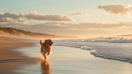 A serene image of a dog running along a beach, with its fur flowing in the wind and the ocean waves creating a picturesque and joyful scene.の素材