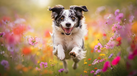 A playful photo of a dog bounding through a field of colorful wildflowers, with its fur and flowers creating a vibrant and cheerful contrast.の素材