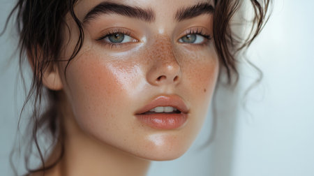 A portrait of a woman with natural, no-makeup makeup, showing off glowing, healthy skin and subtle tones that enhance her features without overpowering them.の素材