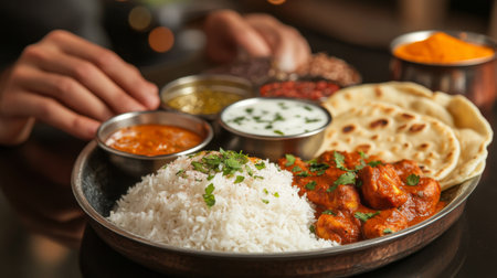 A vibrant spread of Indian dishes, including butter chicken, naan bread, and basmati rice, served on a traditional thali with colorful spices in the background.の素材