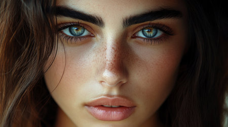 A stunning face of a young woman with expressive eyes, long lashes, and natural eyebrows, exuding an effortless beauty and charm.の素材