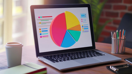 A vibrant 3D pie chart displayed on a sleek laptop screen, showing market share distribution with colorful segments. The workspace includes notebooks and a coffee cup, emphasizing productivityの素材