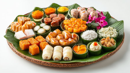 A traditional Thai dessert platter featuring small portions of various treats like tub tim grob (water chestnut in syrup) and khanom krok (coconut-rice pancakes), set on a white background.の素材
