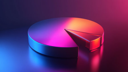 An abstract 3D pie chart with metallic textures and gradient colors, floating in a digital space. The design conveys modernity and technological advancement in data visualization.の素材
