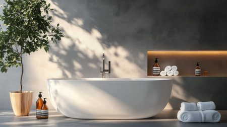 A sleek, contemporary bathtub in a spa-like setting, with rolled towels and aromatic oils on a nearby shelf. The scene is calm and invites peaceful indulgence.の素材