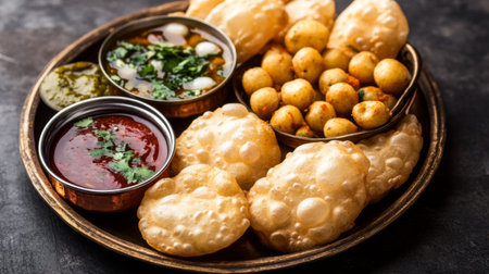 A traditional Indian street food scene featuring pani puri, with crispy puris filled with spiced water, tamarind chutney, and potatoes, arranged beautifully on a platter.の素材