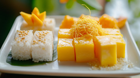 An assortment of traditional Thai sweets, including sticky rice with mango, coconut milk custard, and golden threads, elegantly displayed on a white plate.の素材
