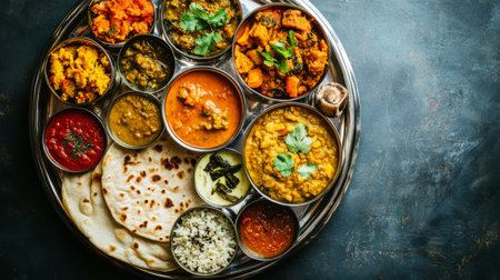A traditional Indian thali with an assortment of curries, dal, roti, and pickles, beautifully arranged on a silver platter, showing the variety and richness of Indian cuisine.の素材
