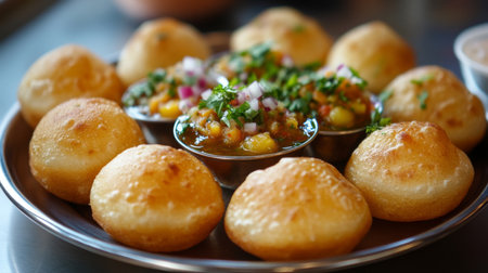 A traditional Indian street food scene featuring pani puri, with crispy puris filled with spiced water, tamarind chutney, and potatoes, arranged beautifully on a platter.の素材