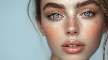 A stunning face of a young woman with expressive eyes, long lashes, and natural eyebrows, exuding an effortless beauty and charm.の素材