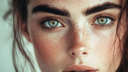 A stunning face of a young woman with expressive eyes, long lashes, and natural eyebrows, exuding an effortless beauty and charm.の素材