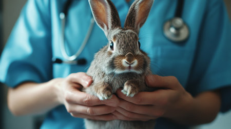A high-resolution image of a veterinarian performing a health check on a rabbit, with detailed focus on the vet hands and the small animal condition.の素材