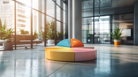 A 3D pie chart with interactive data labels popping out, set against a modern office background to showcase dynamic data presentation.の素材