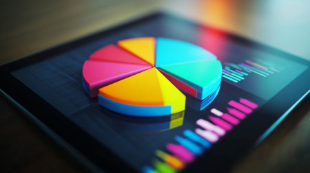 A 3D pie chart displayed on a digital tablet screen, showing different data segments with vibrant colors and a clean, tech-focused environment.の素材