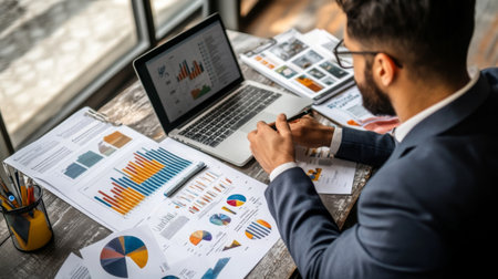 A business executive analyzing a printed report with various graphs and charts, seated at a desk with a laptop and financial documents scattered around.の素材
