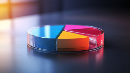 A 3D pie chart with transparent slices and a floating effect, highlighting different data categories with a sleek, contemporary design.の素材