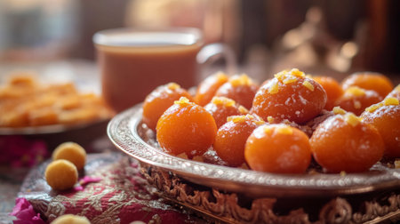 A beautiful display of traditional Indian sweets, like gulab jamun and jalebi, arranged on a decorative platter with a cup of chai tea in the backgroundの素材