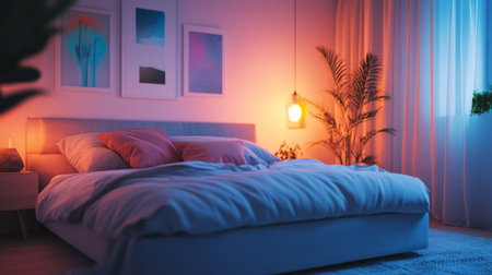 A beautifully decorated modern bedroom with a large, comfortable bed, plush pillows, and soft, ambient lighting, creating a cozy and inviting atmosphere.の素材