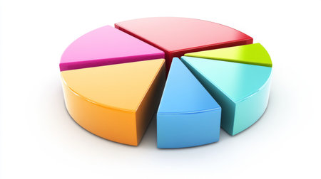 A 3D pie chart with colorful segments, clearly labeled and displayed against a clean, white background, highlighting the depth and detail of the data representation.の素材