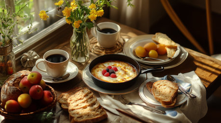 A charming breakfast table scene with a small pan of served alongside fresh bread, fruit, and coffee, creating a cozy and inviting morning setting.の素材