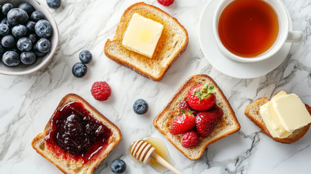 A beautifully arranged flat lay of toast with various toppings--jam, butter, honey, and fresh fruit--on a marble countertop with a cup of hot teaの素材
