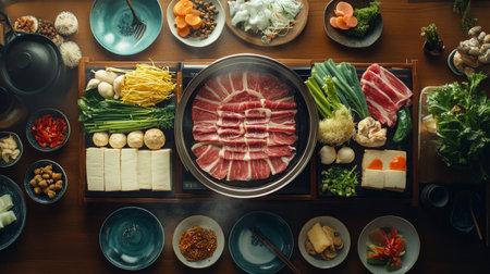 A beautifully arranged hot pot setup on a dining table, featuring a variety of ingredients like thinly sliced beef, tofu, and colorful vegetables, ready for cooking.の素材