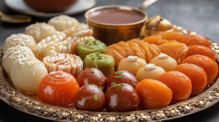 A beautiful display of traditional Indian sweets, like gulab jamun and jalebi, arranged on a decorative platter with a cup of chai tea in the backgroundの素材