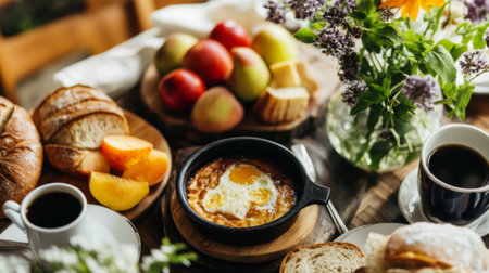 A charming breakfast table scene with a small pan of served alongside fresh bread, fruit, and coffee, creating a cozy and inviting morning setting.の素材