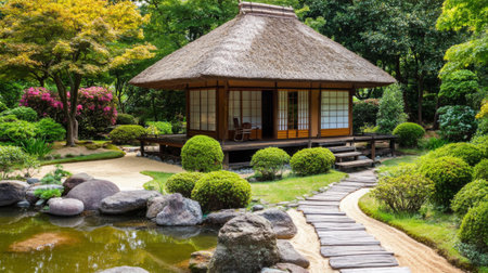 A charming photo of a traditional Japanese tea house with a thatched roof and wooden veranda, surrounded by a serene garden with carefully arranged stones and plantsの素材