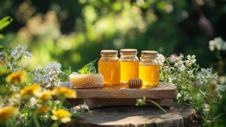 A beautiful arrangement of honey jars and honeycomb with a drizzle of honey on a wooden board, surrounded by fresh flowers and a clean, natural setting.の素材