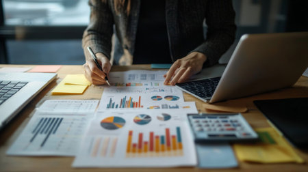 A business executive analyzing a printed report with various graphs and charts, seated at a desk with a laptop and financial documents scattered around.の素材