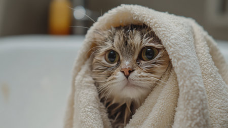 A charming image of a cat wrapped in a towel after its bath, looking cozy and content, with its wet fur being gently dried in a homey, relaxed environment.の素材